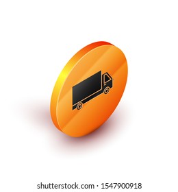 Isometric Delivery cargo truck vehicle icon isolated on white background. Orange circle button. Vector Illustration