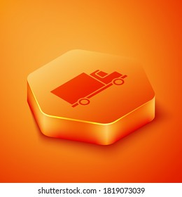 Isometric Delivery cargo truck vehicle icon isolated on orange background. Orange hexagon button. Vector Illustration