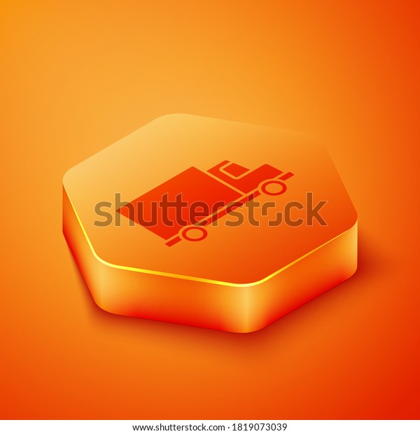 Isometric\
Delivery cargo truck vehicle icon isolated on orange background.\
Orange hexagon button. Vector\
Illustration