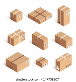 Isometric delivery carton box set isolated on white background. 3d Online shipping and transportation vector illustration. Can use for web, apps, infographics