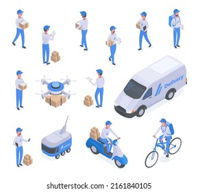 Isometric delivery characters, logistic service, postman or mailman workers. Delivery logistic service, parcels and packages shipping vector symbols illustration set. Online delivery service