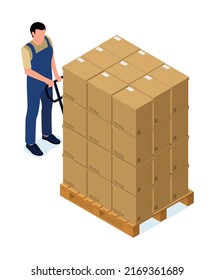 Composición de entrega isométrica con cajas de cartón cargadas en paletas de madera ilustración vectorial