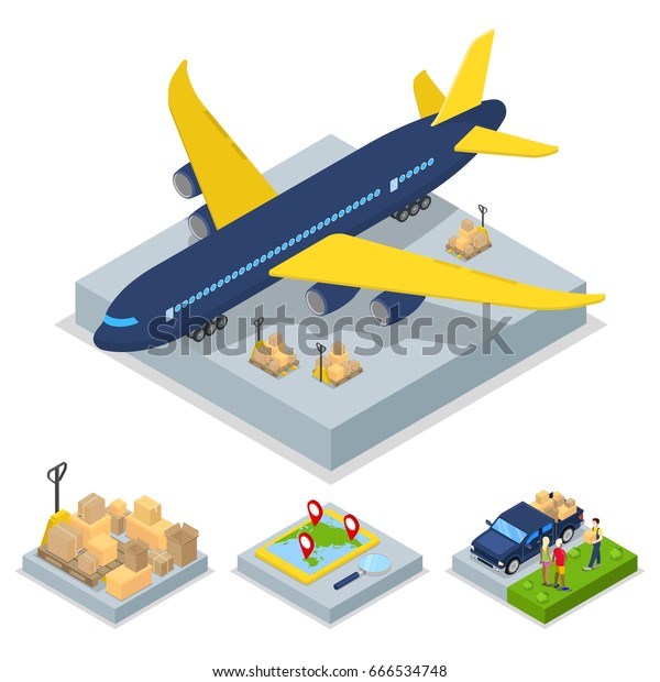 Isometric Delivery Concept. Air\
Cargo Plane Freight Transportation. Vector flat 3d\
illustration