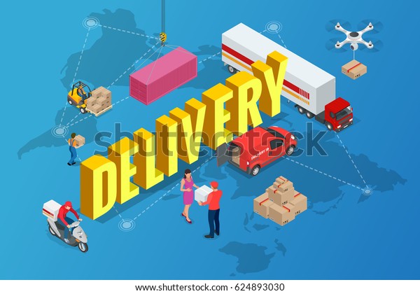 Isometric delivery concept. Delivery of goods from\
anywhere in the world home.\
