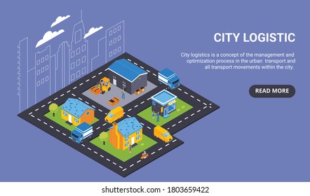 Isometric delivery concept horizontal banner with read more button text and view of city with transport vector illustration