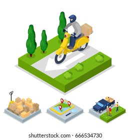 Isometric Delivery Concept with Scooter and Courier, Freight Transportation. Vector flat 3d illustration