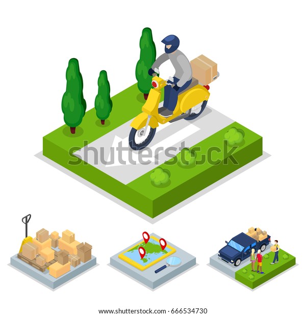 Isometric Delivery Concept\
with Scooter and Courier, Freight Transportation. Vector flat 3d\
illustration