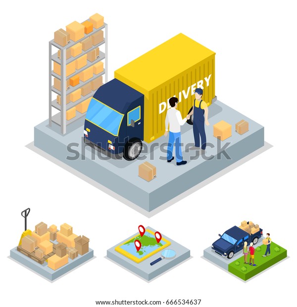 Isometric Delivery Concept\
with Truck, Courier and Freight Transportation. Vector flat 3d\
illustration