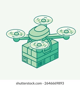 Isometric delivery drone carrying a package. Vector illustration. Modern logistics technology for fast and automated shipping solutions using aerial transportation.