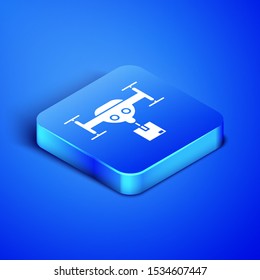 Isometric Delivery drone with the package icon isolated on blue background. Drone delivering cardboard box. Blue square button. Vector Illustration