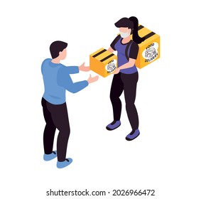 Isometric delivery food composition with characters of client receiving food box from courier vector illustration