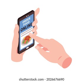 Isometric delivery food composition with human hand touching smartphone with online ordering app vector illustration