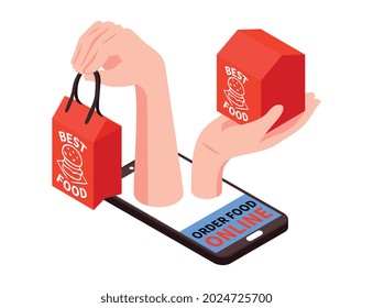 Isometric delivery food composition with image of smartphone and human hands with food boxes vector illustration