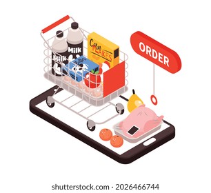 Composición isométrica de los alimentos de entrega con imagen de smartphone con carrito de carritos recolectando productos de compras ilustración vectorial