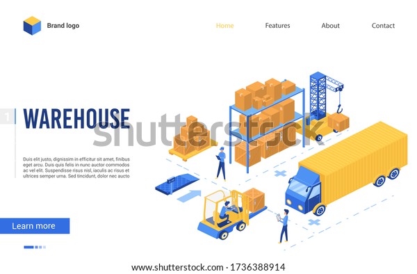 Isometric delivery logistic service vector\
illustration. 3d interface website design with cartoon worker\
characters work on loader forklift, load pallet boxes in truck,\
loading process in\
warehouse
