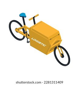 Isometric delivery logistics bicycle with container for goods 3d vector illustration