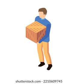 Isometric delivery logistics icon with warehouse worker holding wooden box 3d vector illustration