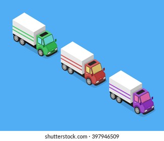 Isometric delivery lorry car icon. Three 3d delivery vector truck. Service van fast delivery concept. Isometric cargo vehicle van transport truck car isolated on blue background