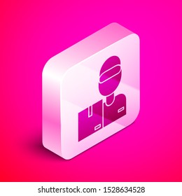 Isometric Delivery man with cardboard boxes icon isolated on pink background. Door to door delivery by courier. Silver square button. Vector Illustration