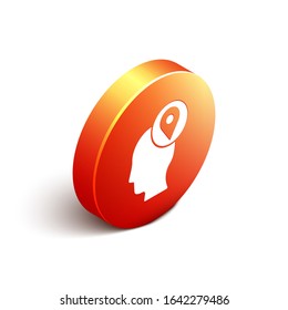 Isometric Delivery man with cardboard boxes icon isolated on white background. Door to door delivery by courier. Orange circle button. Vector Illustration
