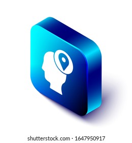 Isometric Delivery man with cardboard boxes icon isolated on white background. Door to door delivery by courier. Blue square button. Vector Illustration