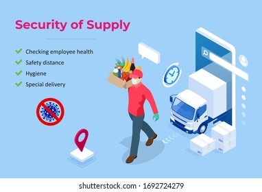 Isometric Delivery man or courier in a medical mask and gloves delivered delivering food to customer at home. Online purchases during a quarantine. Contactless or to the door delivery.