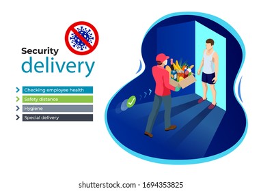 Isometric Delivery man or courier in a medical mask and gloves delivering food to customer at home. Online purchases during a quarantine. Contactless or to the door delivery.