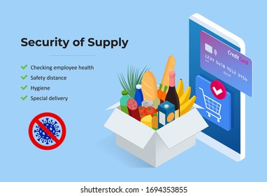 Isometric Delivery man or courier in a medical mask and gloves delivering food to customer at home. Online purchases during a quarantine. Contactless or to the door delivery.