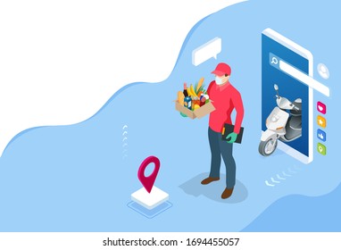 Isometric delivery man or courier in a medical mask and gloves delivering food to customer at home. Online purchases during a quarantine. Contactless or to the door delivery.