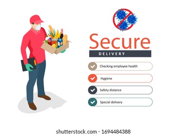 Isometric delivery man or courier in a medical mask and gloves delivering food to customer at home. Online purchases during a quarantine. Contactless or to the door delivery.