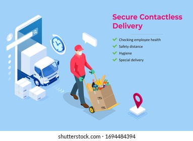 Isometric delivery man or courier in a medical mask and gloves delivering food to customer at home. Online purchases during a quarantine. Contactless or to the door delivery.