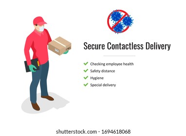 Isometric delivery man or courier in a protective medical mask holds a parcel in her hands. Free drug delivery. COVID-19. Quarantine in the city. Coronavirus epidemic.