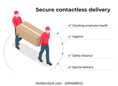 Isometric Delivery man holding cardboard boxes in medical rubber gloves and mask. Online shopping and Express delivery. Quarantine epidemic