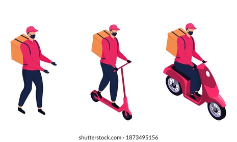 Isometric delivery man in a protective mask delivering parcels by a motorbike, by electric scooter, by foot