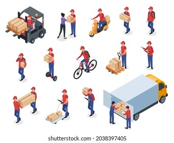 Isometric delivery men with boxes, warehouse workers, postmen. Couriers in uniform delivering packages on scooter, bike or cargo truck vector set. Employee carrying parcels from vehicles