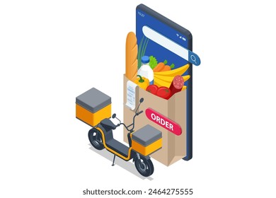 Isometric Delivery Motorcycle, Delivery man riding a scooter . Online food or pizza order and packaging box. Lifelike motorcycle featuring an bag, ideal for restaurant and cafe couriers