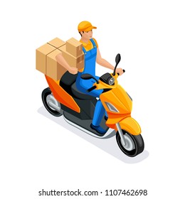 Isometric delivery of the order by the delivery service on the scooter. A man in uniform, carrying orders in corton boxes. Fast delivery van. Delivery man