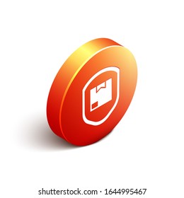 Isometric Delivery pack security with shield icon isolated on white background. Delivery insurance. Insured cardboard boxes beyond the shield. Orange circle button. Vector Illustration