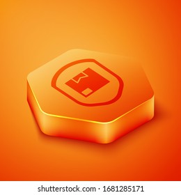 Isometric Delivery pack security with shield icon isolated on orange background. Delivery insurance. Insured cardboard boxes beyond the shield. Orange hexagon button. Vector Illustration