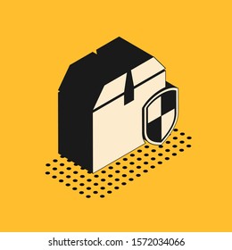 Isometric Delivery pack security symbol with shield icon isolated on yellow background. Delivery insurance. Insured cardboard boxes beyond the shield.  Vector Illustration