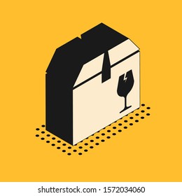 Isometric Delivery package box with fragile content symbol of broken glass icon isolated on yellow background. Box, package, parcel sign.  Vector Illustration