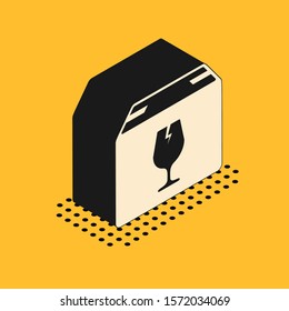 Isometric Delivery package box with fragile content symbol of broken glass icon isolated on yellow background. Box, package, parcel sign.  Vector Illustration