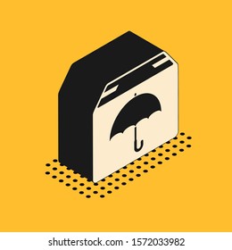 Isometric Delivery package with umbrella symbol icon isolated on yellow background. Parcel cardboard box with umbrella sign. Logistic and delivery.  Vector Illustration