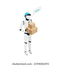 Robot de entrega isométrico sujetando parcelas ilustración vectorial 3d