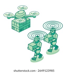 Isometric delivery robots and a drone carrying packages with wireless signals. Smart automation, AI logistics, and future technology in supply chain. Vector illustration. Objects isolated on white.
