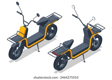 Isometric Delivery Scooter. Realistic motorcycle with blank bag for food and drinks, restaurant and cafe courier bike with white box. Vector illustration motor bike in different positions set