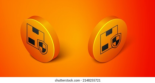Isometric Delivery security with shield icon isolated on orange background. Delivery insurance. Insured cardboard boxes beyond the shield. Orange circle button. Vector