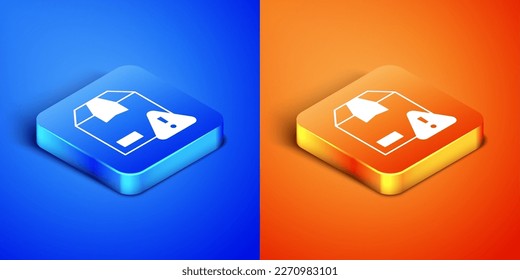 Seguridad de entrega isométrica con icono de escudo aislado en fondo azul y naranja. Seguro de entrega. Cajas de cartón aseguradas más allá del escudo. Botón cuadrado. Vector