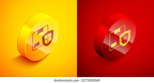 Isometric Delivery security with shield icon isolated on orange and red background. Delivery insurance. Insured cardboard boxes beyond the shield. Circle button. Vector