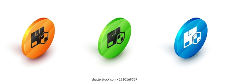 Isometrische Liefersicherheit mit Schildsymbol einzeln auf weißem Hintergrund. Lieferversicherung. Kartonboxen mit Versicherung hinter dem Schild. Circle Button. Vektorgrafik